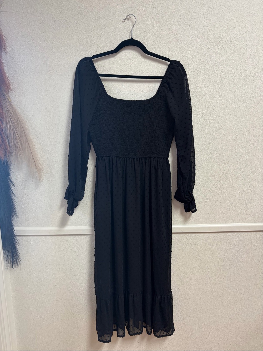 Black Swiss Dot Long Sleeve Midi Dress